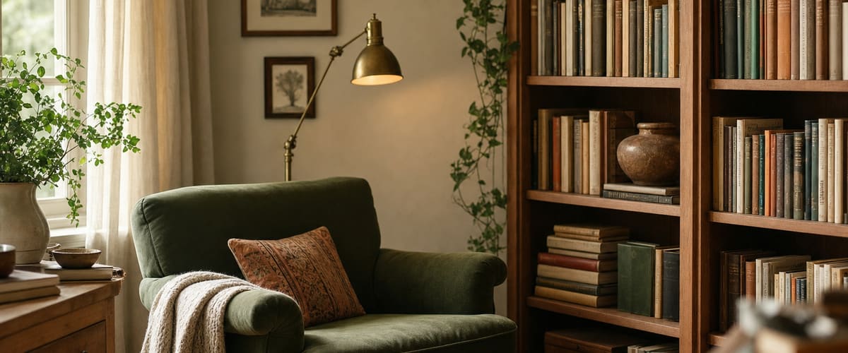 A well-kept bookshelf and a small reading nook with a lamp