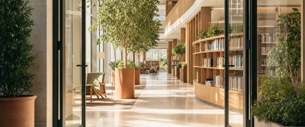 A bright building interior with a wide clear doorway, designed for everyone