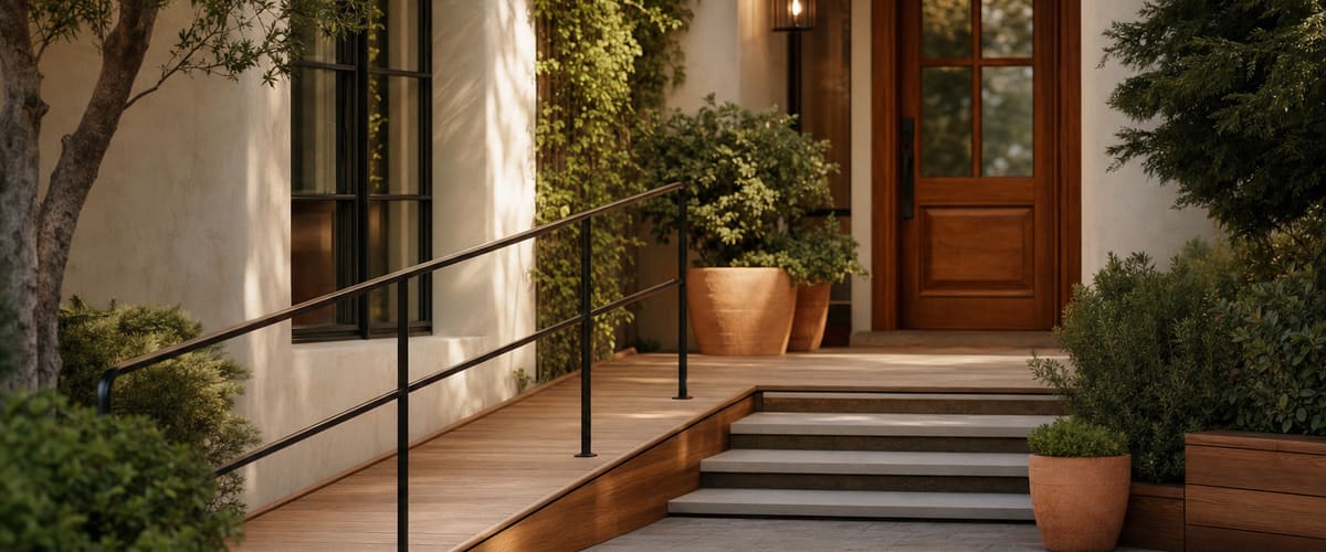 A well-designed accessible entrance with a gentle wooden ramp beside steps