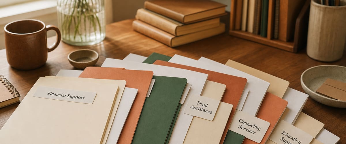 Neatly labeled file folders fanned out on a warm wooden desk