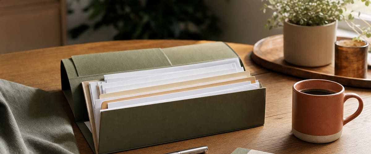 A calm desk in warm light with an organized folder of paperwork