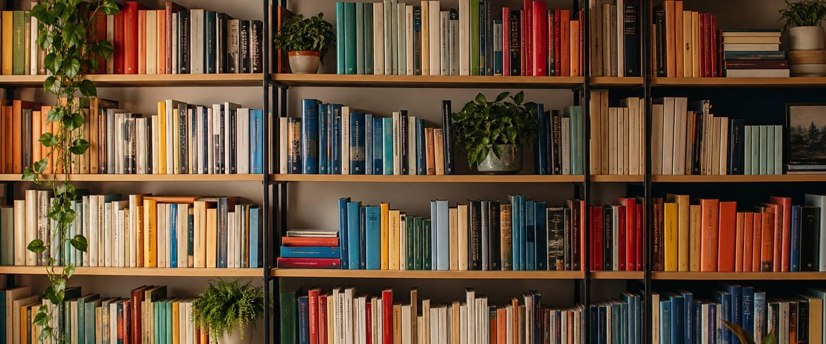 A tidy wall of neatly organized books and labeled binders on wooden shelves