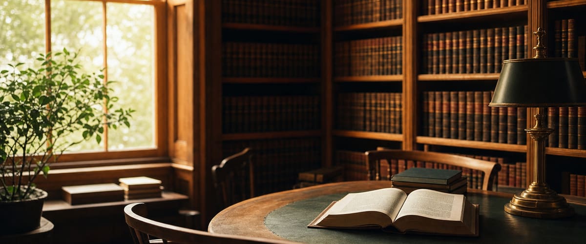 The warm interior of an old law library with tall shelves of books