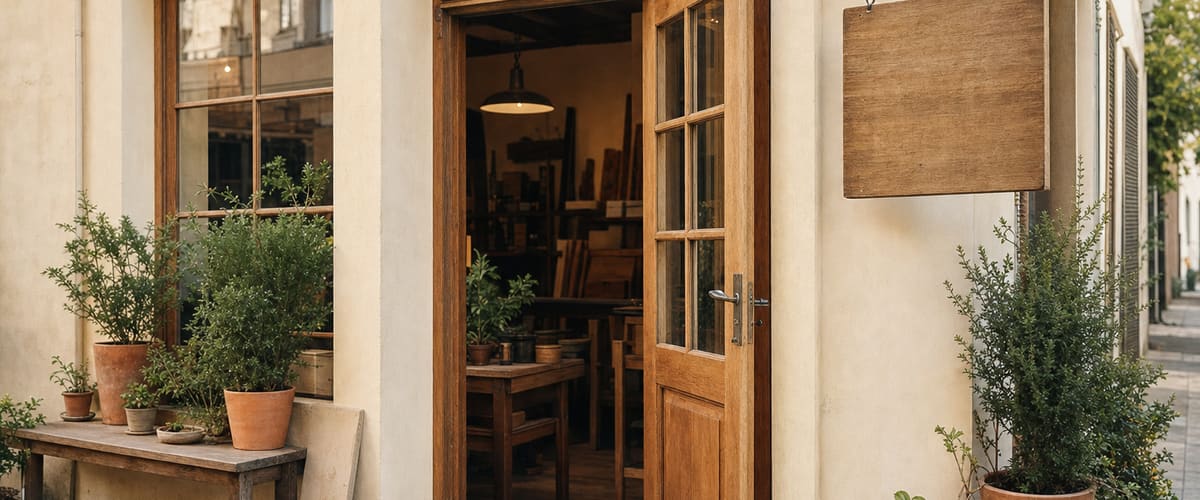 The welcoming entrance of a small independent workshop in warm light