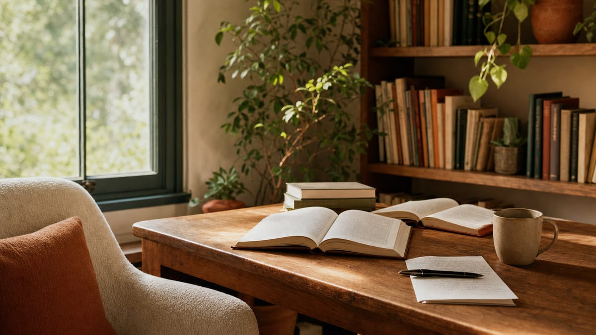A warm, welcoming community reading room with a wooden table by a sunlit window