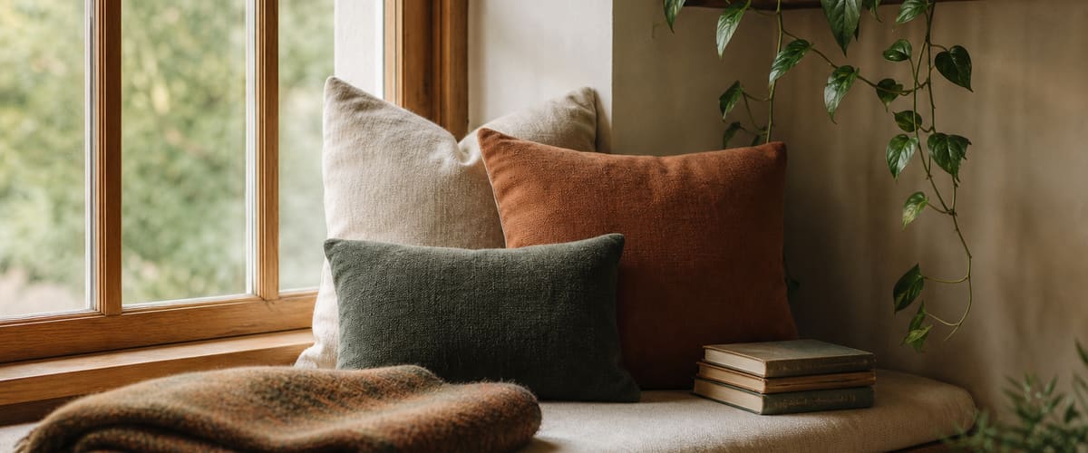A cozy sunlit window seat with books and plants