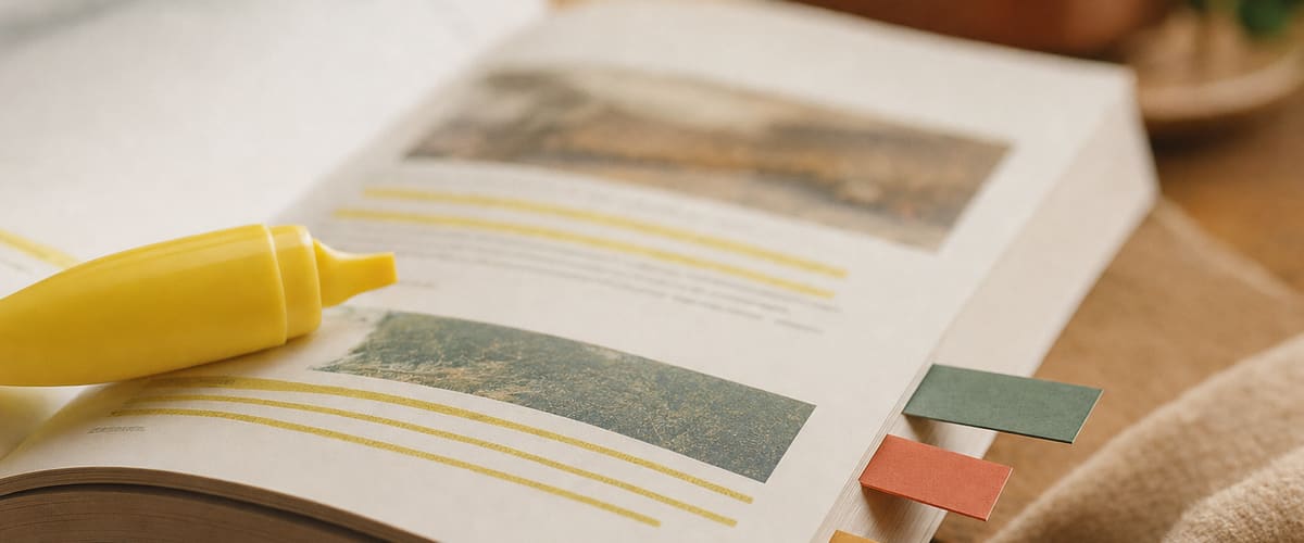 An open handbook with reading glasses and a magnifying glass on a desk