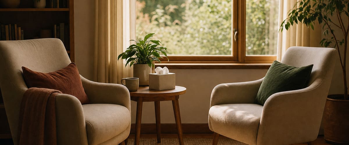 Two comfortable chairs turned toward each other by a sunlit window