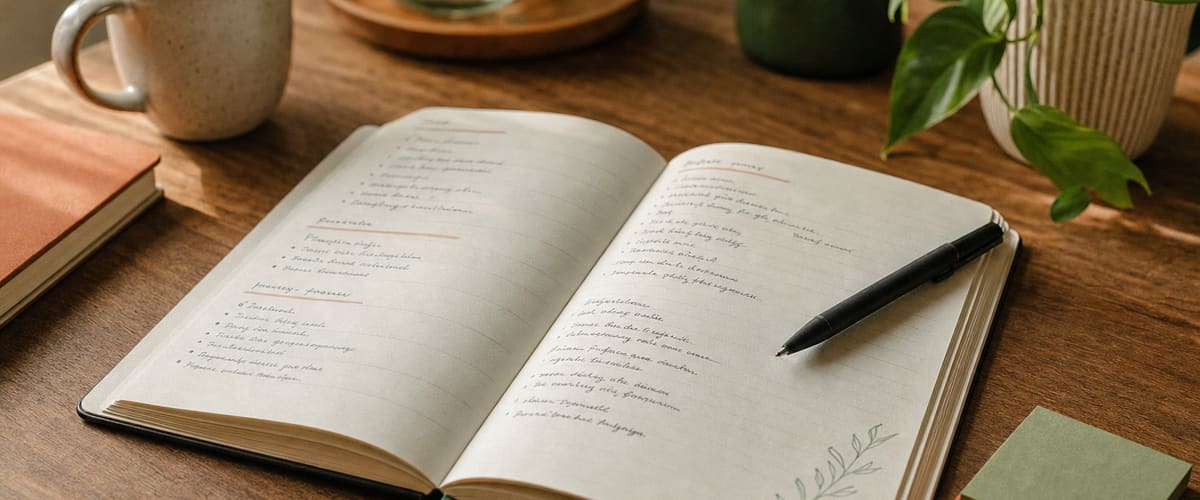 An open planning notebook with a pen and sticky notes on an oak table