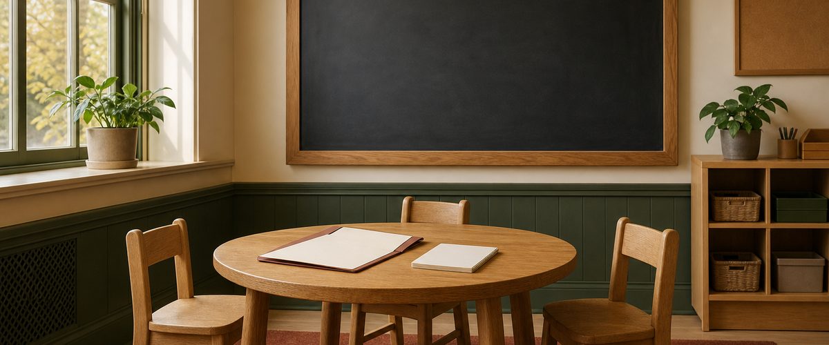 A school meeting table in warm light with an open folder, notepad and small chairs