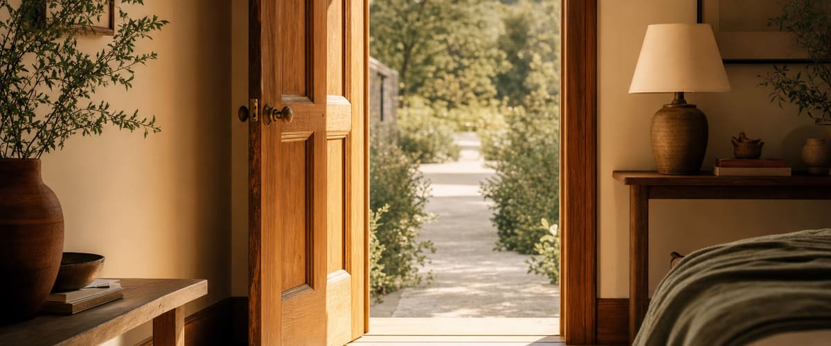 An open wooden door letting warm morning light into a calm room