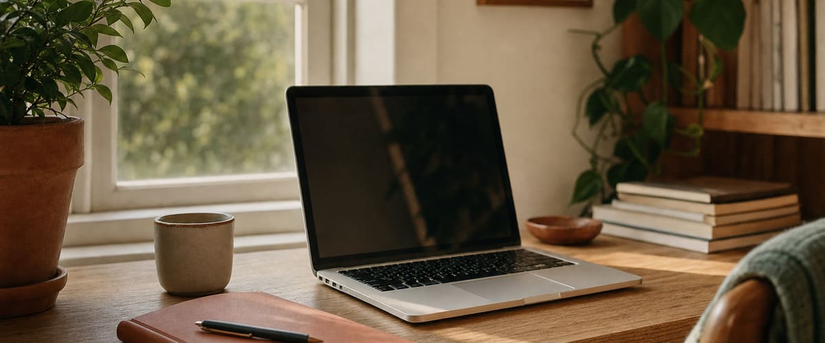 A welcoming workplace desk by a window with a laptop, plant and notebook